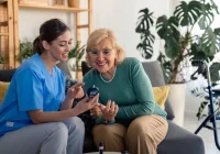 A nurse is cheerfully assisting an elderly woman in learning how to use a medical device, likely a blood glucose monitor, in a comfortable home setting.&nbsp;