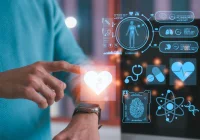 Futuristic health monitoring interface with wearable tech and digital medical data visualisation