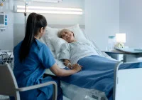 Elderly woman receiving care in hospital &ndash; nurse providing comfort and reassurance during recovery&nbsp;