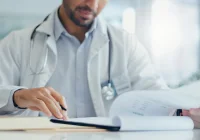 Physician filling out paperwork &ndash; accurate recordkeeping in modern medical practice&nbsp;&nbsp;