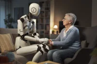 Humanoid robot providing emotional support to elderly woman at home, symbolising the role of AI companions in ageing care and assistive technology&nbsp;