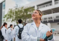 Young medical student woman contemplating outside the university