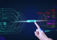 Finger pressing &quot;Generate&quot; button on neural network interface, symbolising generative AI, machine learning and data-driven content creation.