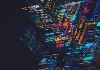 Futuristic digital code and data visualisation representing advanced software development and artificial intelligence systems.