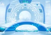 Futuristic MRI scanner with digital interface overlay representing AI in medical imaging 