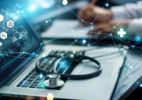 Stethoscope on laptop with medical icons and network connections, symbolising digital health, electronic health records and secure data exchange in telemedicine.