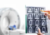 Radiologist reviewing chest CT scans with lung images near a CT scanner, highlighting diagnostic imaging for respiratory diseases and pulmonary assessment