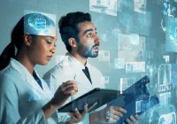 Doctors analysing futuristic medical data interfaces, representing AI-powered diagnostics, digital health innovation and the future of clinical decision support systems.&nbsp;