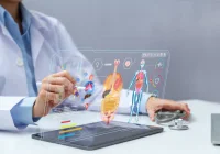 Doctor analysing lungs on a virtual high-tech screen, representing digital healthcare, medical imaging and telemedicine innovation.&nbsp;