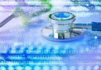 Digital health concept showing a stethoscope overlaid with binary medical data.&nbsp;