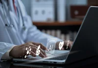Doctor using AI-powered medical software on laptop for healthcare diagnostics.&nbsp;
