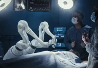 Robotic-assisted surgery in progress with medical team monitoring high-tech operating room systems&nbsp;