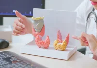 Doctor explains thyroid anatomy with gland model during endocrine consultation in clinic