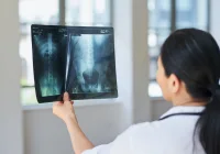 Doctor reviewing spinal and pelvic X-rays for orthopaedic diagnosis and treatment planning 
