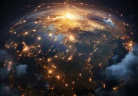 Europe at night with glowing data streams symbolising global digital infrastructure and fast data exchange&nbsp;