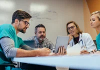 Healthcare professionals collaborate in a meeting, reviewing medical data on a digital tablet.&nbsp;