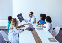 Medical team in a clinical meeting reviewing brain MRI scans for diagnostic planning and collaborative case discussion.&nbsp;