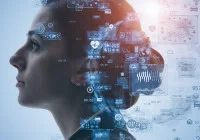 Artificial intelligence and digital health concept with woman&rsquo;s profile and medical data interface.&nbsp;