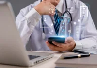 Doctor using AI-powered medical chatbot on smartphone for digital health support and clinical decision-making.
