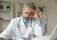 Stressed doctor reviewing patient records and medical data at desk in clinic office&nbsp;