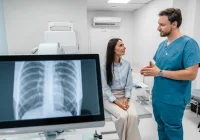 Doctor discussing chest X-ray results with female patient during medical consultation&nbsp;