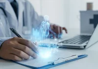 Doctor using digital health technology and holographic patient data for modern medical analysis