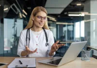 Female doctor conducting a virtual consultation via laptop in a modern medical office&nbsp;