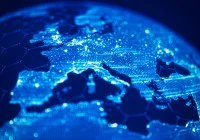 Digital map of Europe with glowing data points representing global connectivity.&nbsp;