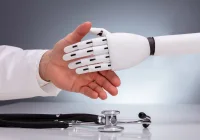 Doctor shaking hands with medical robot, symbolising AI in healthcare.&nbsp;
