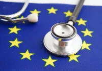 Stethoscope on EU flag symbolising European healthcare policy and regulation.&nbsp;