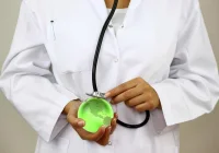 Doctor using stethoscope on green globe symbolising global health and medical care&nbsp;
