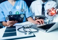 Doctors using digital health technology and data analytics for medical research and patient care&nbsp;