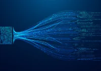 Abstract digital illustration of data bottleneck showing binary flow compression and processing.&nbsp;
