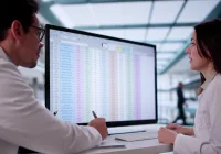 Doctors reviewing healthcare billing codes and patient financial data on a computer screen&nbsp;