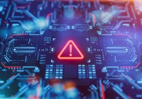 Cybersecurity warning sign on digital circuit board, symbolising IT system risk