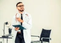 Confident young doctor in office with clipboard and stethoscope&nbsp;