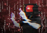 A person with a monitor showing &quot;AI&quot; as a head, surrounded by digital code.&nbsp;