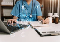 A healthcare professional works with digital medical data, symbolising AI integration in healthcare.&nbsp;