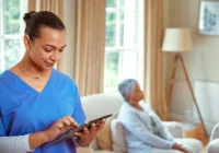 A healthcare worker in scrubs uses a digital tablet while an elderly patient sits in the background.&nbsp;
