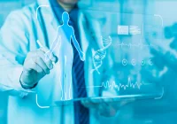 Clinician uses AI clinical decision support for early disease detection with patient profile on a transparent digital screen.&nbsp;