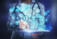 Doctor using digital health technology with medical icons and data interface.&nbsp;