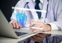  Doctor logging into a secure EHR with privacy shield, illustrating healthcare cybersecurity and protected patient data.&nbsp;