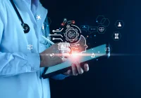 AI in medical imaging: clinician using a tablet with brain analytics icons, illustrating radiomics, feature extraction and decision support in healthcare.&nbsp;