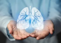 Holographic lungs in clinician&rsquo;s hands symbolising chest X-ray access for earlier lung cancer diagnosis in hospital radiology.