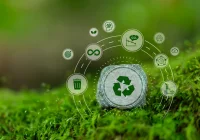 Radiology sustainability concept with recycle icon and eco symbols, representing energy efficiency, waste reduction and circular economy in hospitals.&nbsp;