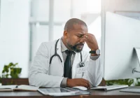 Stressed clinician at computer illustrating healthcare burnout from digital workload.&nbsp;