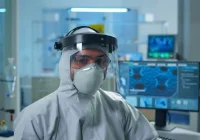 Interventional clinician wearing protective eyewear and mask in a radiology suite, highlighting eye lens protection and radiation safety.&nbsp;