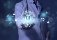 Doctor using hospital AI for predictive analytics, EHR integration, scheduling and billing with clinical decision support icons.&nbsp;