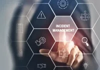 Healthcare cybersecurity incident management with hand pressing virtual interface.&nbsp;