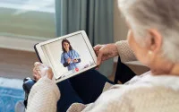 Hospital patient uses a tablet for a nurse video consultation, showing virtual nursing at the bedside.&nbsp;